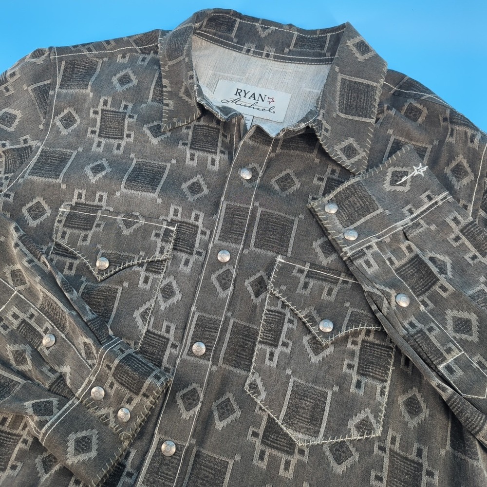 Ryan Michael Shirt Mens Medium Gray Silk Cotton Blend Geometric Abstract Western